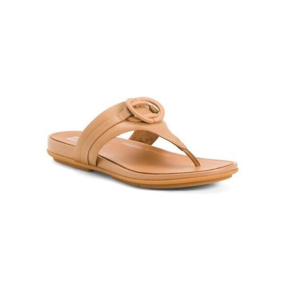 New FitFlop GRACIE CIRCLET Leather Toe Post Flip Flops Sandals Size 10 42 LATTE - Picture 1 of 4